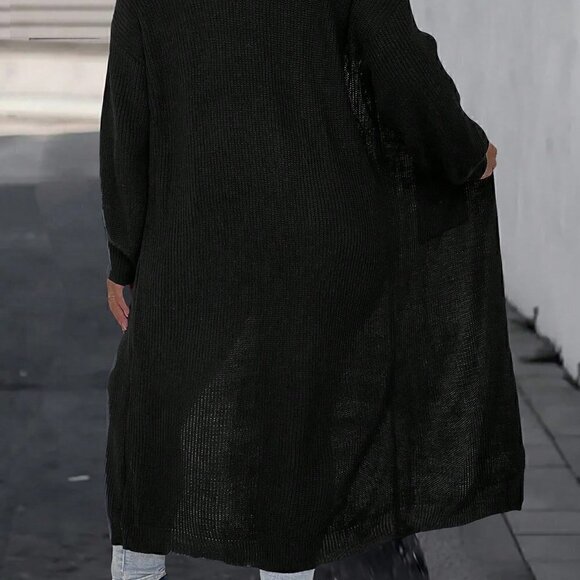 Black Preppy Womens Solid Color Drop Shoulder Cardigan With Double Po… - Picture 2 of 5